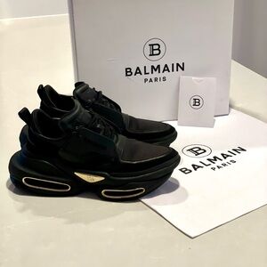 Balmain B-Bold Woman Lace-Up Leather Black and Gold Sneakers Designer Size 10